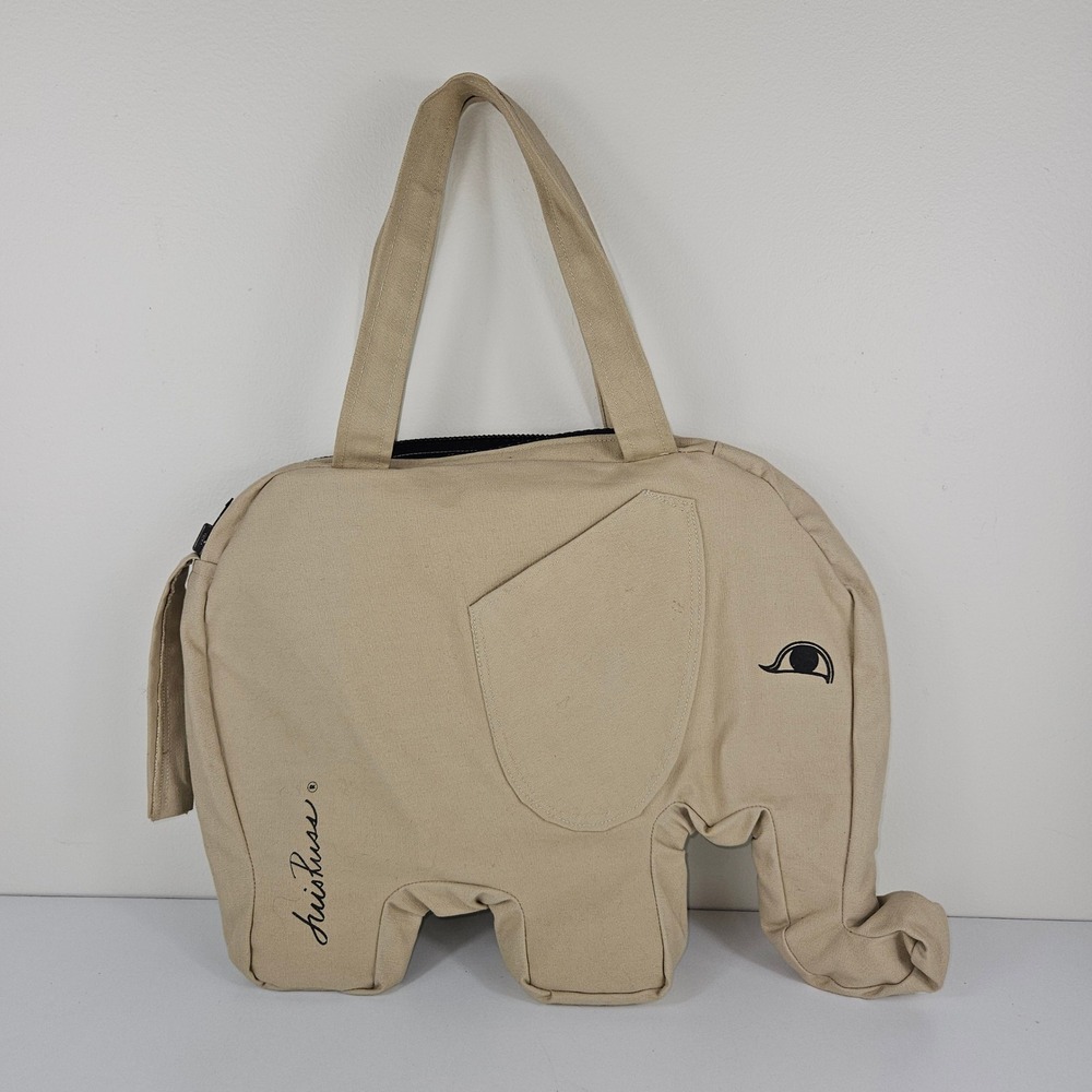 Luis Russ RARE Elephant Canvas Shoulder Bag Tan Novelty Animal Tote Handbag